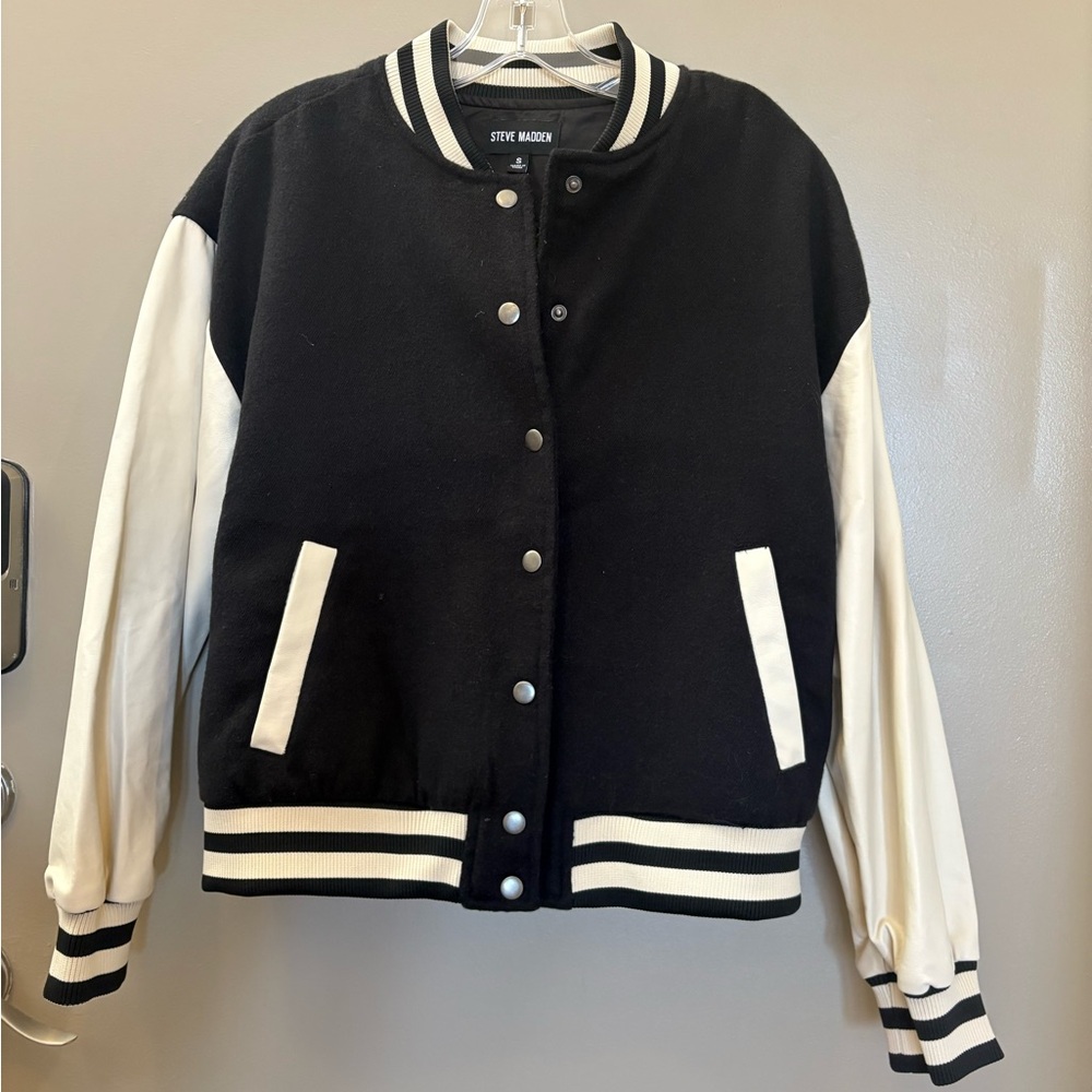 Steve Madden Black and White Varsity Jacket Timeless Style